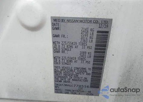 2020 Nissan Rogue Sl Intelligent Awd z USA, uszkodzony, nr VIN 5N1AT2MVXLC770556